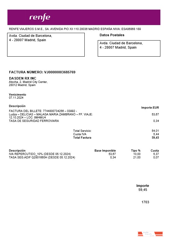 Spain Renfe business utility bill template in Word and PDF formats